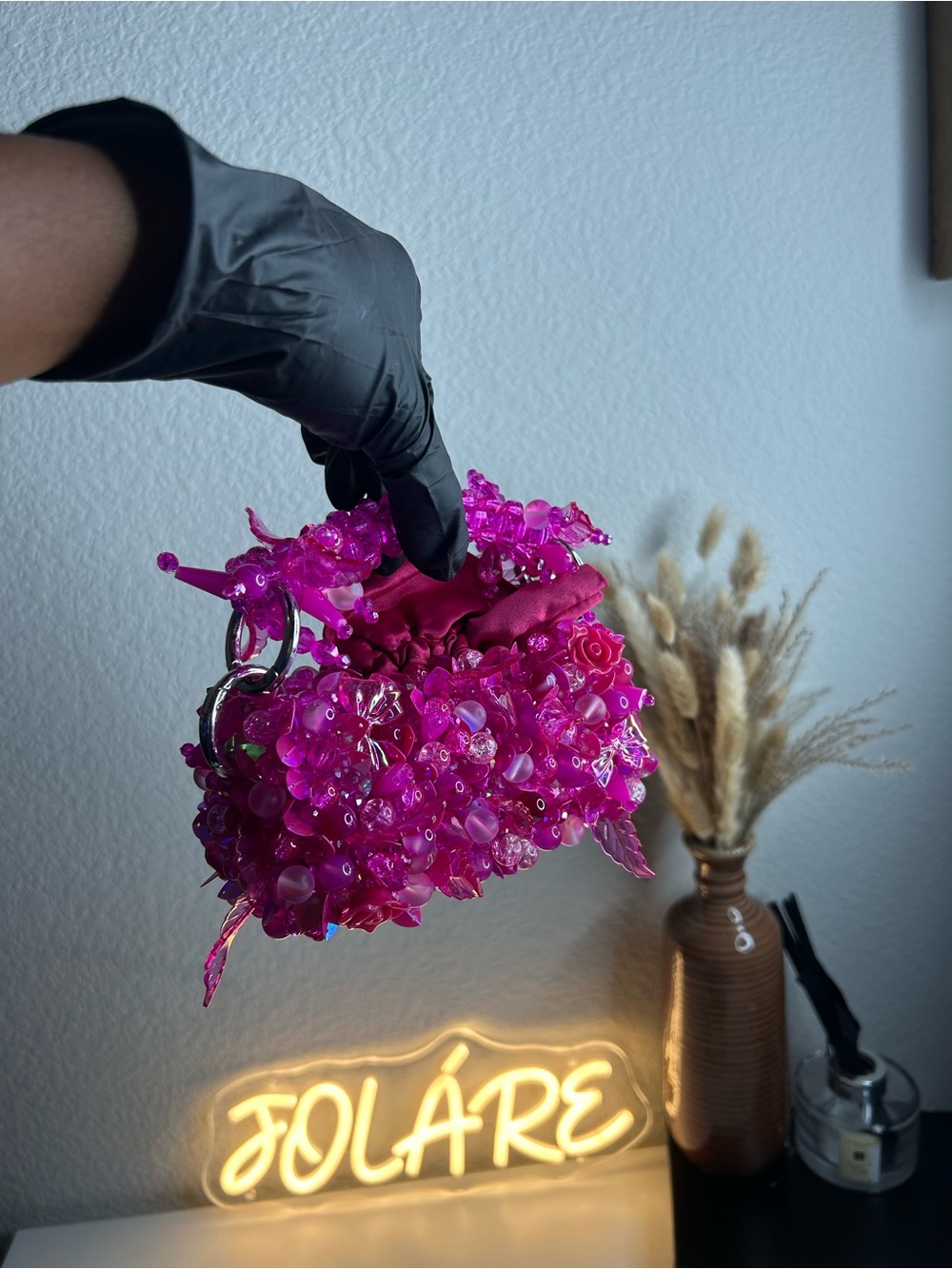 Hot Pink Beaded Floral Mini Bag